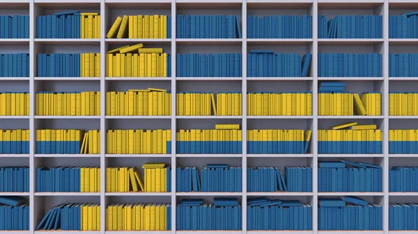 Many spines of the books form the Swedish flag. Education or science in Sweden. 3D rendering — Stock Photo, Image