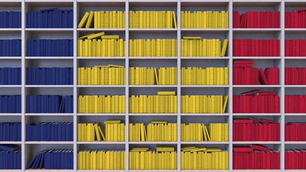 Los libros forman la bandera rumana. Literatura o ciencia en Rumania. Renderizado 3D — Foto de Stock