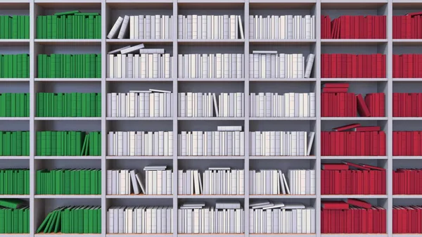 Molte spine dei libri formano la bandiera italiana. Istruzione o scienza in Italia. Rendering 3D — Foto Stock