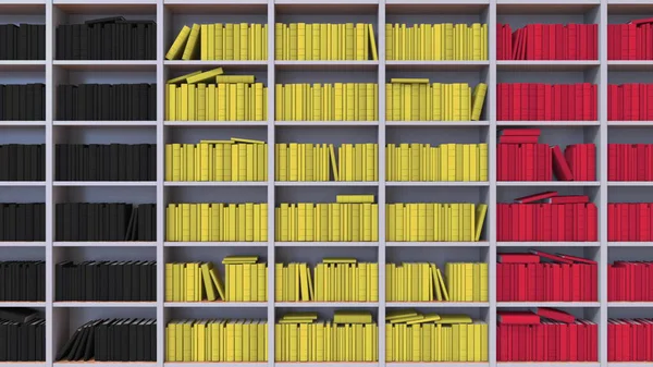 Espinhos de livros compõem a bandeira da Bélgica. Literatura, cultura ou ciência belga. Renderização 3D — Fotografia de Stock