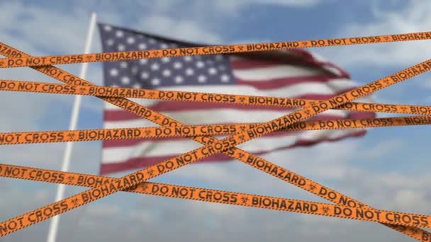 Lignes de restriction des risques biologiques contre le drapeau américain. Entrée restreinte ou quarantaine aux États-Unis. Boucle conceptuelle animation 3D — Video