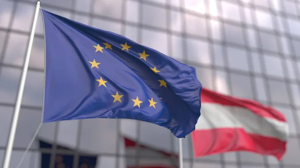 Flaggen der Europäischen Union und Österreichs vor einem modernen Wolkenkratzer. 3D-Darstellung — Stockfoto