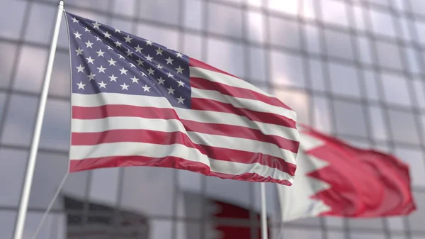 Flaggen der USA und Bahrains vor einem modernen Wolkenkratzer schwenken. 3D-Darstellung — Stockfoto