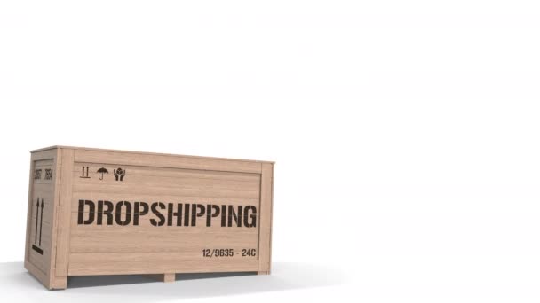 Gran caja de madera con texto DROPSHIPPING sobre fondo blanco. Animación 3D — Vídeos de Stock