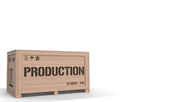 Peti kayu dengan teks PRODUCTION pada latar belakang putih. Perender 3D — Stok Foto