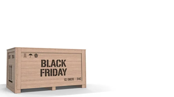 Большой деревянный ящик с черным пятничным текстом на белом фоне. 3D рендеринг — стоковое фото
