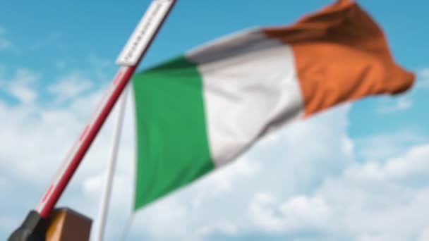 Puerta de pluma cerrada con signo QUARANTINE en el fondo de la bandera irlandesa. Cierre de fronteras o aislamiento relacionado con infecciones en Irlanda — Vídeo de stock
