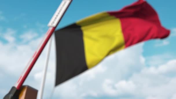 Barrier πύλη με πινακίδα Καραντίνα είναι κλειστή με σημαία του Βελγίου ως φόντο. Κλείσιμο των βελγικών συνόρων ή απομόνωση σχετιζόμενη με λοίμωξη — Αρχείο Βίντεο