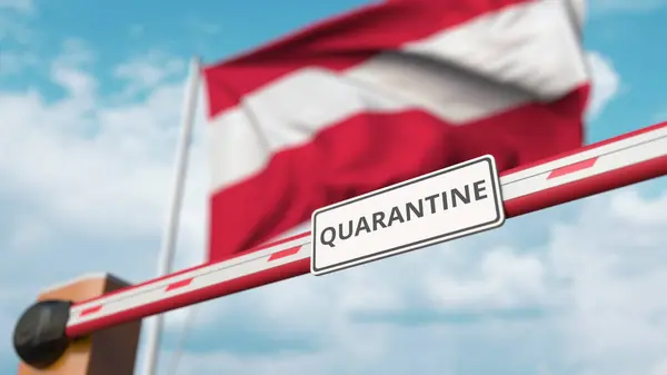 Geschlossenes Auslegertor mit Quarantäne-Schild auf dem Hintergrund der österreichischen Flagge. Grenzschließung oder infektionsbedingte Isolation in Österreich — Stockfoto