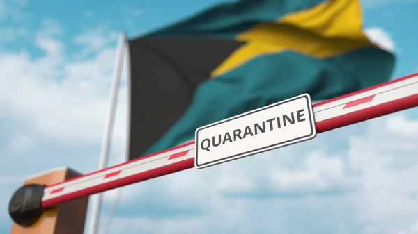 Geschlossenes Auslegertor mit Quarantäne-Zeichen auf dem Hintergrund der bahamischen Flagge. Grenzschließung oder infektionsbedingte Isolation auf den Bahamas — Stockfoto