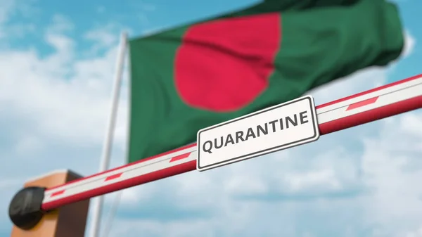 Barrier gate with QUARANTINE sign being closed with flag of Bangladesh as a background. Bangladeshi border closure or infection related isolation — Stock Photo, Image