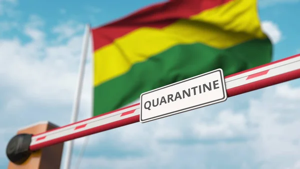 Schließung der Sperrmauer mit Quarantäne-Schild gegen die bolivianische Flagge. Grenzschließung oder infektionsbedingte Isolation in Bolivien — Stockfoto