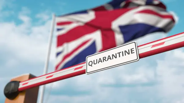 Absperrgitter mit Quarantäne-Schild, das mit der Flagge des Vereinigten Königreichs als Hintergrund geschlossen wird. Britische Grenzschließung oder infektionsbedingte Isolation — Stockfoto