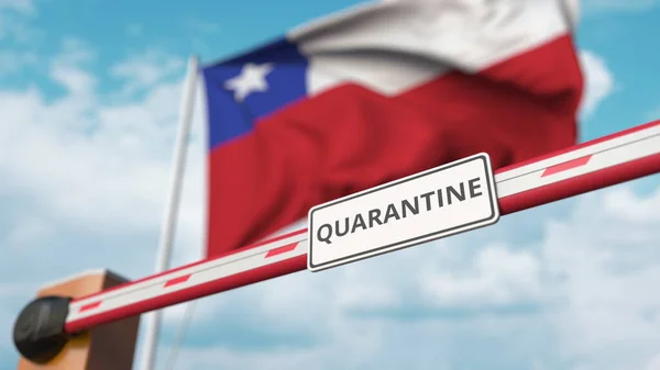 Absperrgitter mit Quarantäne-Schild, das mit der chilenischen Flagge als Hintergrund geschlossen wird. Chilenische Grenzschließung oder infektionsbedingte Isolation — Stockfoto