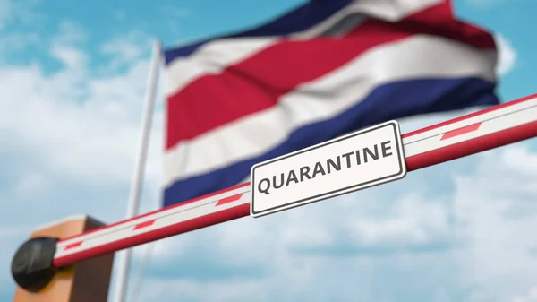 Absperrgitter mit Quarantäne-Schild, das mit der Flagge Costa Ricas als Hintergrund geschlossen wird. Costa Ricas Grenzschließung oder infektionsbedingte Isolation — Stockfoto