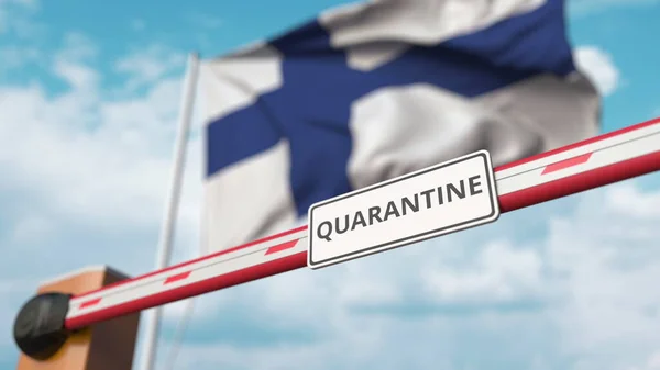 Schließung der Sperrmauer mit Quarantäne-Schild gegen die finnische Flagge. Grenzschließung oder infektionsbedingte Isolation in Finnland — Stockfoto