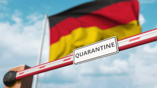 Sperrung mit Quarantäne-Schild gegen die deutsche Flagge. Grenzschließung oder infektionsbedingte Isolation in Deutschland — Stockfoto