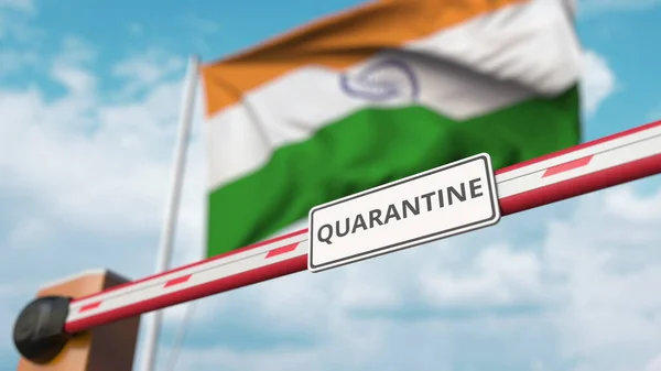 Absperrgitter mit Quarantäne-Schild, das mit der Flagge Indiens als Hintergrund geschlossen wird. Schließung der indischen Grenze oder infektionsbedingte Isolation — Stockfoto