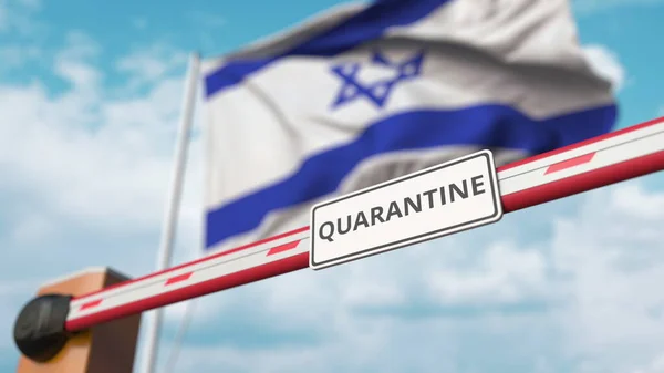 Geschlossenes Tor mit Quarantäne-Zeichen auf dem Hintergrund der israelischen Flagge. Beschränkter Grenzübertritt oder infektionsbedingte Isolation in Israel — Stockfoto