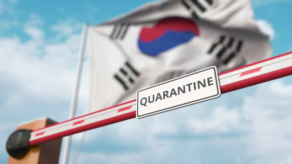 Porta de lança fechada com sinal QUARANTINE no fundo da bandeira coreana. Restrição da passagem de fronteira ou isolamento relacionado com a infecção na Coreia do Sul — Fotografia de Stock