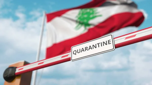 Schließung der Sperrmauer mit Quarantäne-Schild gegen die libanesische Flagge. Beschränkter Grenzübertritt oder infektionsbedingte Isolation im Libanon — Stockfoto