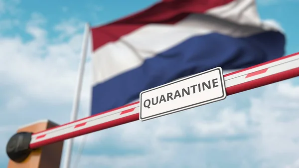 Sperrung mit Quarantäne-Schild gegen die niederländische Flagge. Beschränkter Grenzübertritt oder infektionsbedingte Isolation in den Niederlanden — Stockfoto