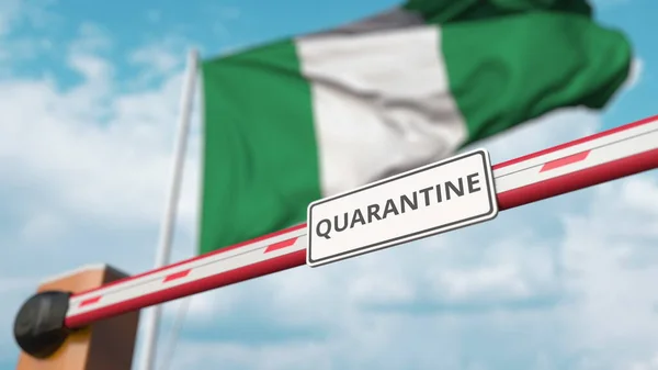 Schließung der Sperrmauer mit Quarantäne-Schild gegen die nigerianische Flagge. Beschränkter Grenzübertritt oder infektionsbedingte Isolation in Nigeria — Stockfoto