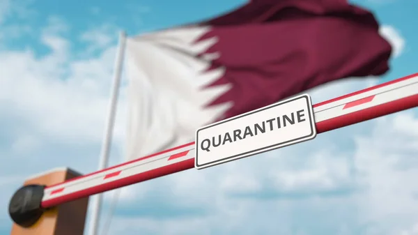 Absperrgitter mit Quarantäne-Schild, das mit der Flagge Katars als Hintergrund geschlossen ist. Katarische Grenzschließung oder infektionsbedingte Isolation — Stockfoto