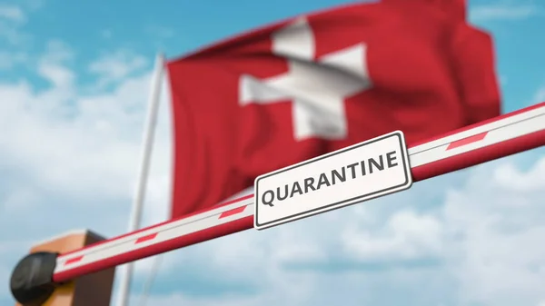 Mit Quarantäne-Schild gegen die Schweizer Flagge. Beschränkter Grenzübertritt oder infektionsbedingte Isolation in der Schweiz — Stockfoto