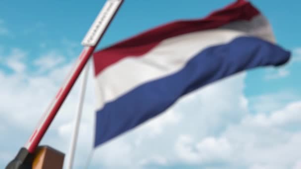 Sluitingsgiek met QUARANTINE bord tegen de Nederlandse vlag. Beperkte grensovergang of infectiegerelateerde isolatie in Nederland — Stockvideo