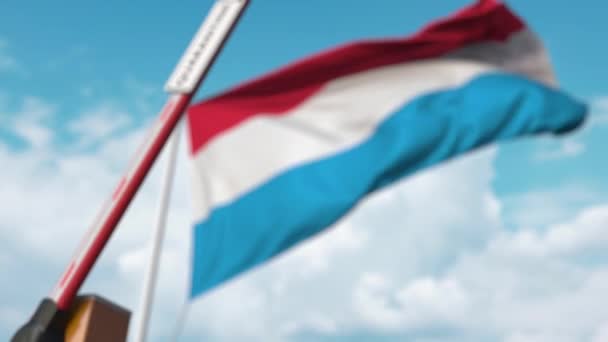 Barrièrepoort met quarantainebord gesloten met de vlag van Luxemburg als achtergrond. Luxemburg - Beperkte grensovergang of infectiegerelateerde isolatie — Stockvideo