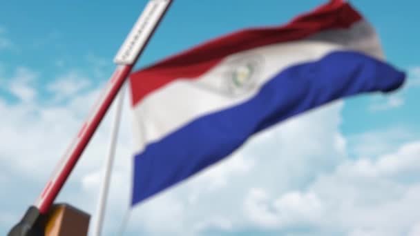 Barrier πύλη με πινακίδα Καραντίνα που κλείνει με σημαία της Παραγουάης ως φόντο. Κλείσιμο των συνόρων της Παραγουάης ή απομόνωση σχετική με μόλυνση — Αρχείο Βίντεο