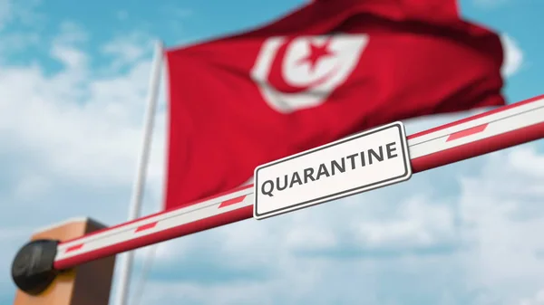 Schließen der Absperrung mit Quarantäne-Schild gegen die tunesische Flagge. Beschränkter Grenzübertritt oder infektionsbedingte Isolation in Tunesien — Stockfoto