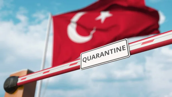 Geschlossenes Ausleger-Tor mit Quarantäne-Zeichen auf dem Hintergrund der türkischen Flagge. Beschränkter Grenzübertritt oder infektionsbedingte Isolation in der Türkei — Stockfoto