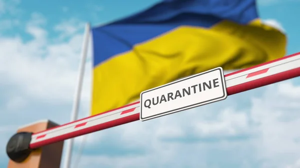 Absperrgitter mit Quarantäne-Schild, das mit der Flagge der Ukraine als Hintergrund geschlossen wird. Ukrainische Beschränkung des Grenzübergangs oder infektionsbedingte Isolation — Stockfoto