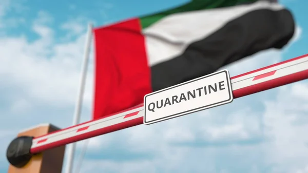 Schließung der Sperrmauer mit Quarantäne-Schild gegen die Uae-Flagge. Beschränkter Grenzübertritt oder infektionsbedingte Isolation — Stockfoto