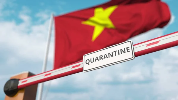 Schließung der Sperrmauer mit Quarantäne-Schild gegen die vietnamesische Flagge. Grenzschließung oder infektionsbedingte Isolation in Vietnam — Stockfoto