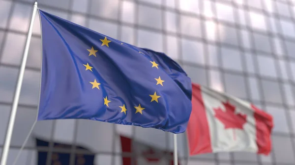 Flying flags of the Eropean Union and Canada in front of a modern skyscraper. 3D rendering — Stock Photo, Image