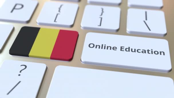 Online Education tekst og flag Belgien på knapperne på computerens tastatur. Moderne faglig uddannelse relateret konceptuel 3D animation – Stock-video
