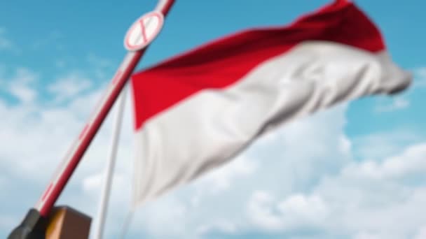 Puerta de pluma cerrada con letrero STOP CORONAVIRUS sobre el fondo de la bandera indonesia. Cuarentena en Indonesia — Vídeos de Stock