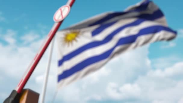 Chiusura barriera boom con STOP CORONAVIRUS segno contro la bandiera uruguaiana. Quarantena in Uruguay — Video Stock