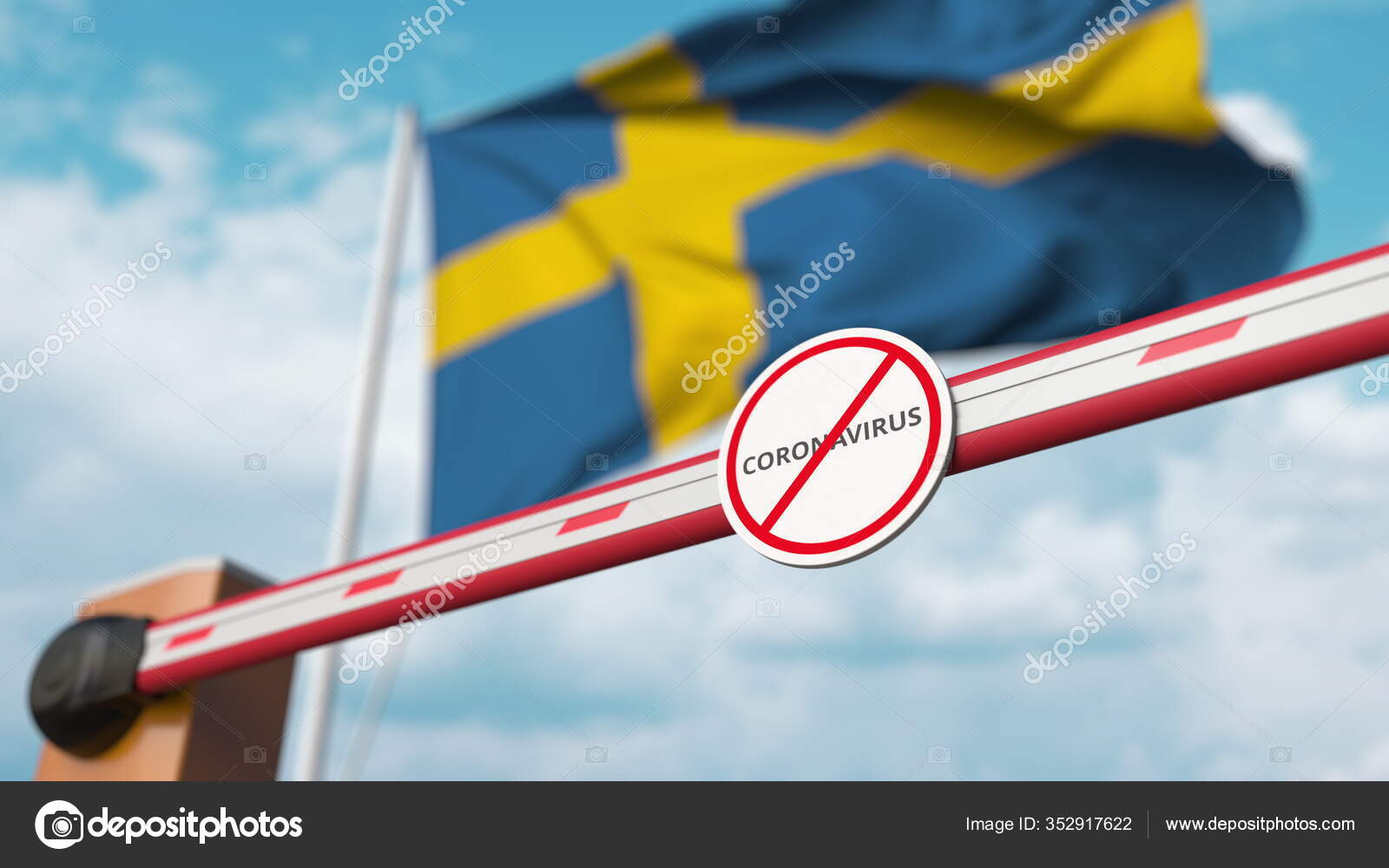 Closing boom barrier with STOP CORONAVIRUS sign against the Swedish