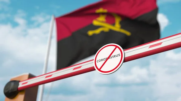 Closed boom gate with STOP CORONAVIRUS sign on the Angolan flag background. Quarantine in Angola. 3D rendering — 스톡 사진