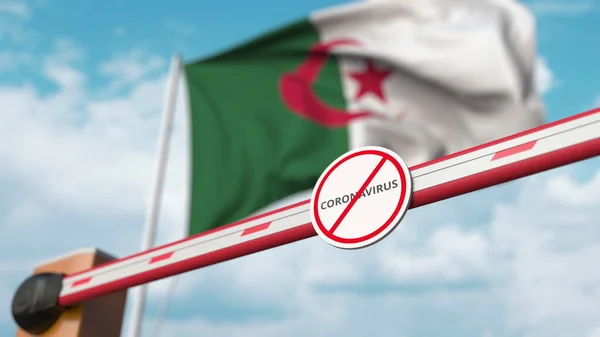 Brána s nápisem Stop Coronavirus je uzavřena s vlajkou Alžírska jako pozadí. Alžírská karanténa. 3D vykreslování — Stock fotografie