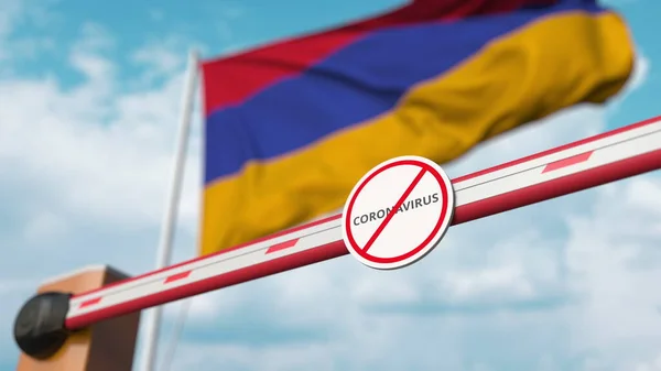 Бар'єрні ворота з знаком Stop Coronavirus закриті з прапором Вірменії як тло. Вірменський карантин. 3d рендеринг — стокове фото