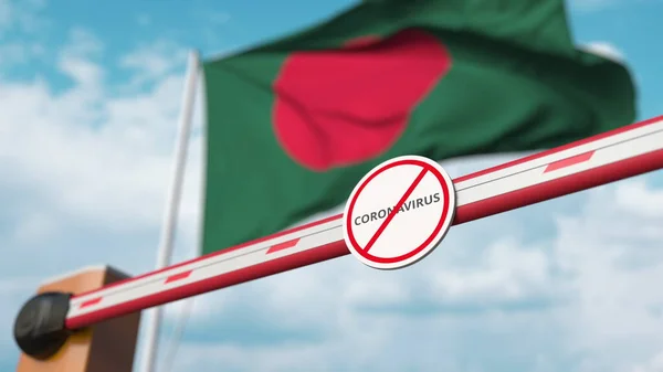 Бар'єрні ворота з знаком Stop Coronavirus закриті з прапором Бангладеш як фоном. Бангладеш Карантин. 3d рендеринг — стокове фото