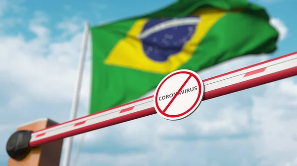 Puerta de pluma cerrada con letrero STOP CORONAVIRUS sobre el fondo de la bandera brasileña. Cuarentena en Brasil. Renderizado 3D —  Fotos de Stock