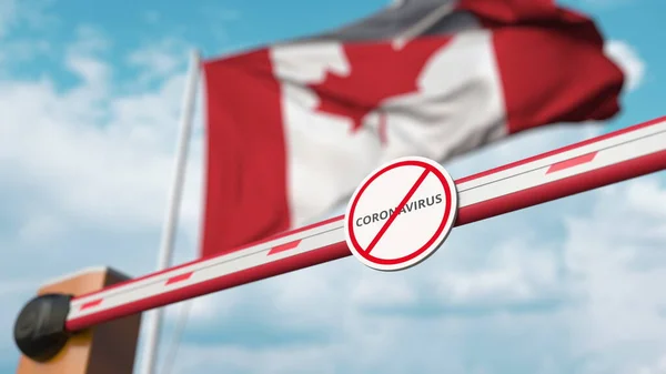 Fermeture de la barrière de flèche avec le panneau ARRÊT CORONAVIRUS contre le drapeau canadien. La quarantaine au Canada. rendu 3D — Photo