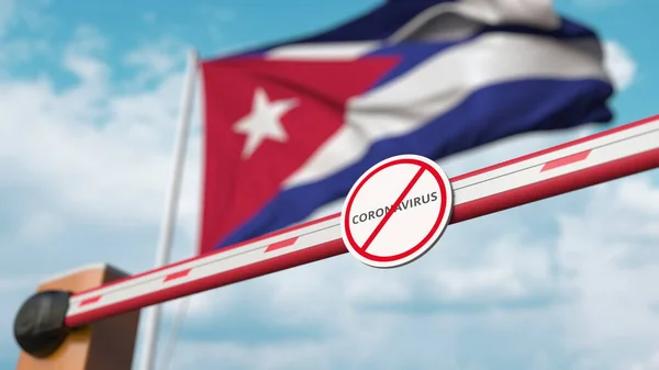 Fermeture de la barrière de flèche avec STOP CORONAVIRUS signe contre le drapeau cubain. La quarantaine à Cuba. rendu 3D — Photo