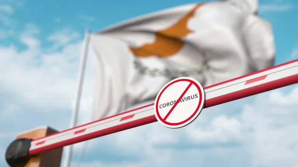 Fechando a barreira de lança com STOP CORONAVIRUS assinar contra a bandeira cipriota. Quarentena em Chipre. Renderização 3D — Fotografia de Stock